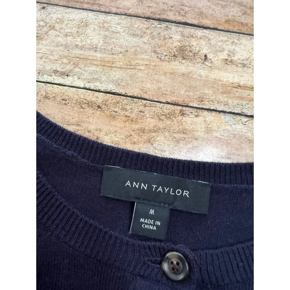 Ann Taylor Navy Blue Long Sleeve Button Front Cardigan Cotton Blend Size Medium - Picture 7 of 9